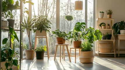 Indoor plant display in a bright room during the afternoon showcasing a variety of greenery and natural light