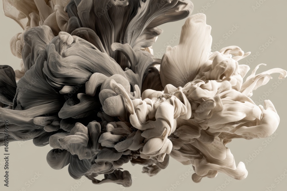 Poster an elegant swirling abstract of beige and gray hues, resembling smoke or paint, creating a dynamic a