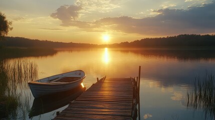 A beautiful sunset over a lake with a small wooden boat