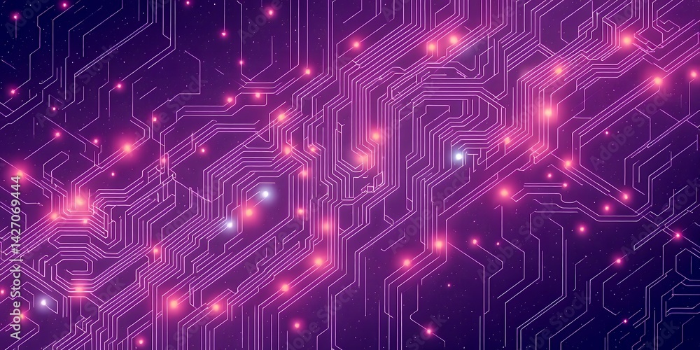 Poster abstract purple background with glowing lines and dots resembling a circuit board design