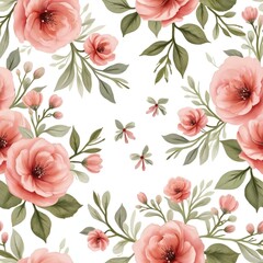 Watercolor floral seamless pattern. Peach roses, delicate leaves, small flower buds on white background. Romantic design, perfect for fabric, textile, wrapping paper, wedding decor, invitations,