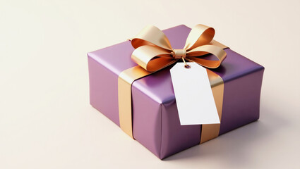 Obraz premium Colorful wrapped gift box with a bow and tag ready for celebration or special occasion