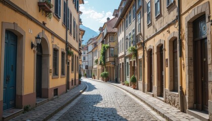 Obraz premium Charming European Street with Colorful Buildings and Cobblestone Pathway in Daylight