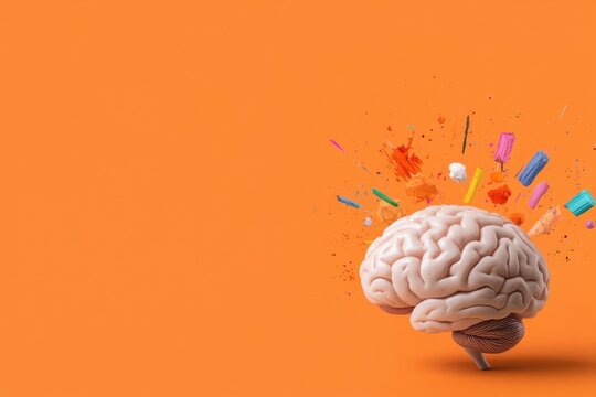 Human brain with colorful elements represents creativity and innovation mental stimulation