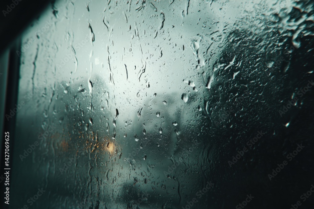 Poster raindrops clinging to a windowpane create a blurred, moody cityscape view, the soft lights of distan