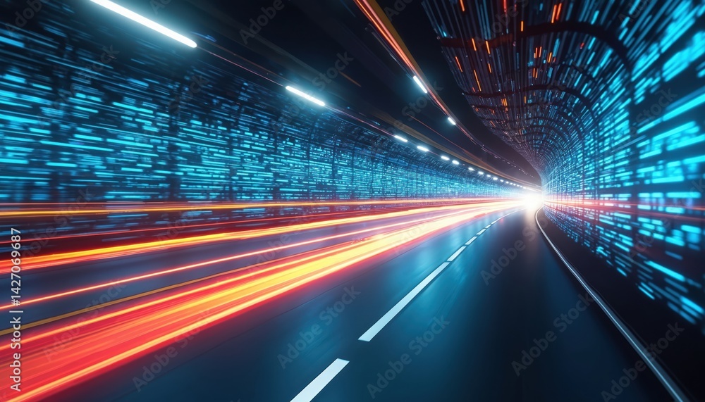 Aufkleber Futuristic digital highway. Data flow, speed and motion concept. Cyberspace tunnel with lines of light, binary code, glowing effect. Modern tech, information network, connection, fast lane.
