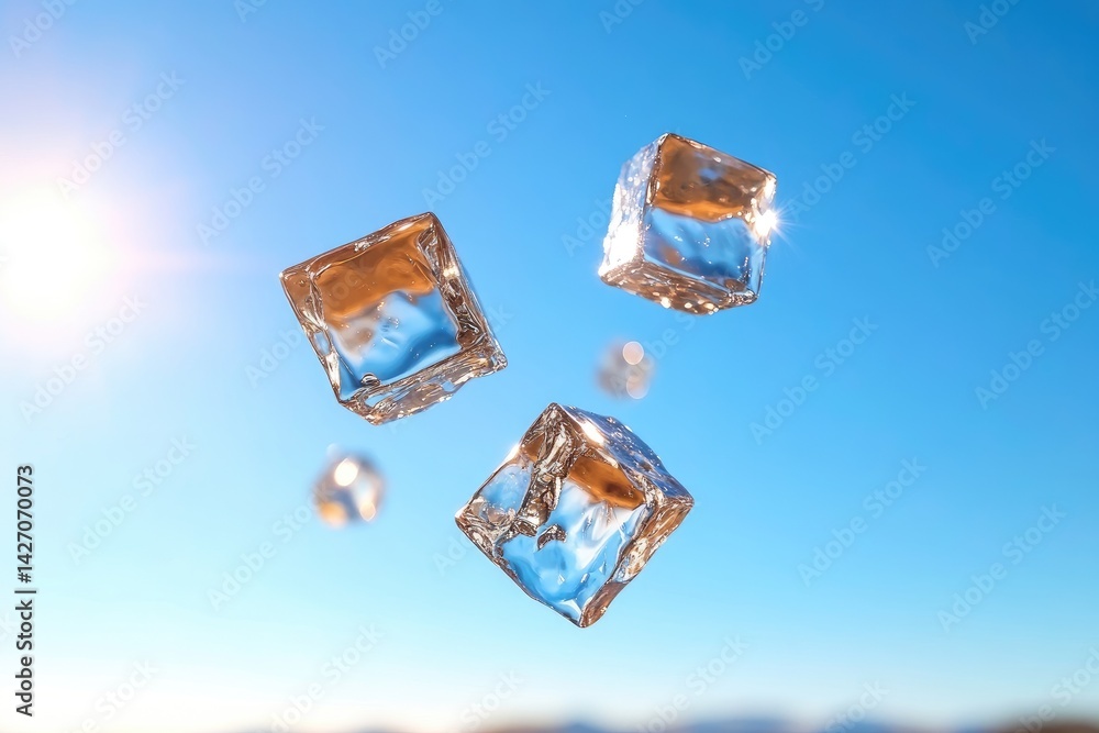 Poster ice cubes floating on blue background abstract cooling elements