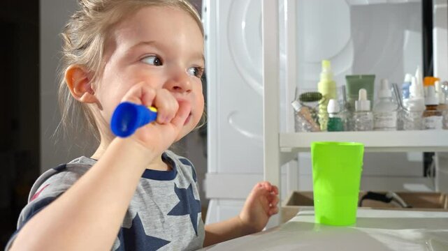 A toddler boy in a bathroom brushes his teeth while looking in the mirror. He holds a toothbrush and a green cup, learning good hygiene habits in a bright and modern home setting.