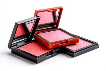 Close-up shot showcasing several open blush compacts in shades of pink and red, arranged against a clean white backdrop, highlighting makeup products for beauty.