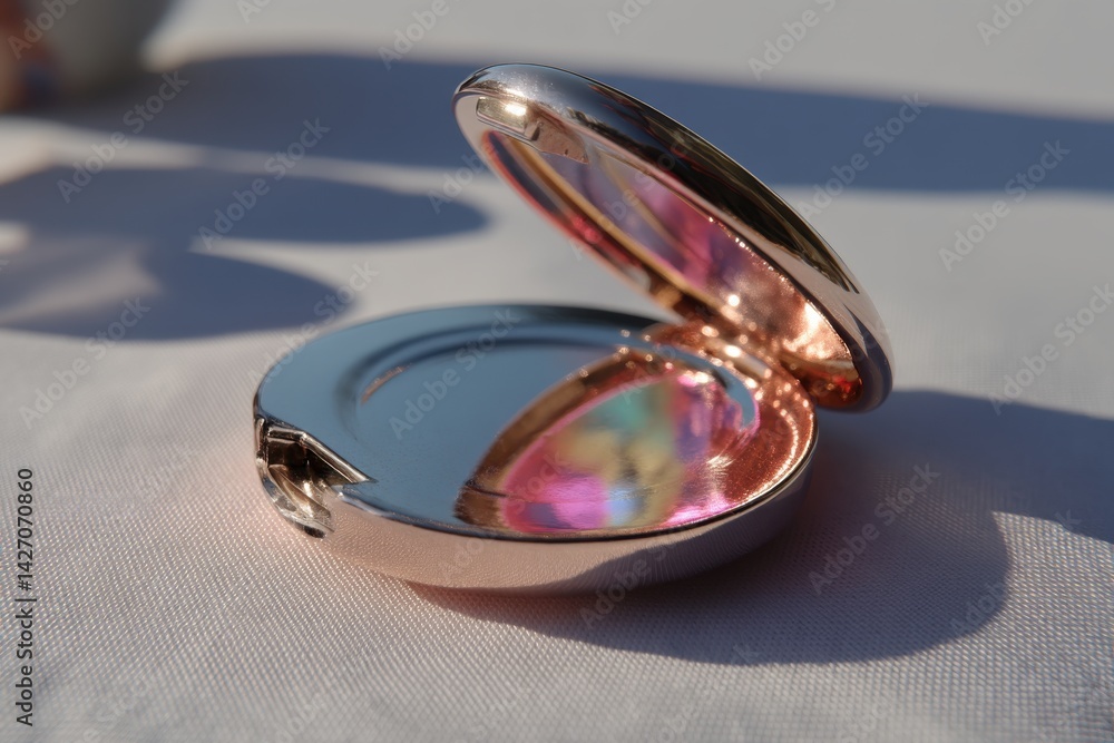 Poster close-up of a mirrored compact case, with its lid open, catching light and reflecting multiple color