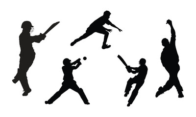 Silhouettes of Cricket Players – Vector Illustration of Batting, Bowling, and Fielding Poses on White Background
