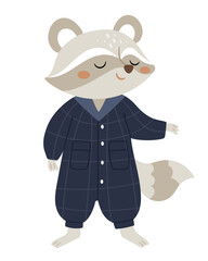 Cute raccoon in plaid pajamas. Children's poster, print, card in pastel colors. Good night. Cute animal.