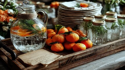 Elegant citrus water pitcher and plates arranged on a vintage wooden tray for a picnic