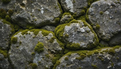 Close-Up View of Rough Stone Wall with Green Moss in Natural Environment