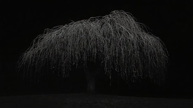 Solitary Weeping Willow Tree Silhouette Against a Striking Black Backdrop Night