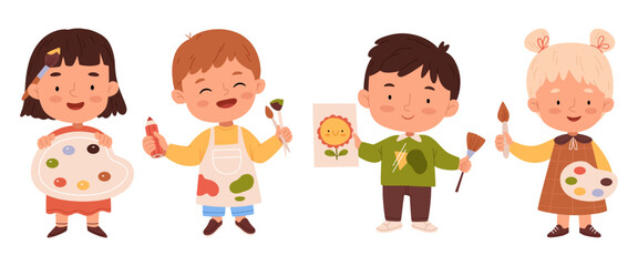 Set of children artists. Children holding brushes, pencils and drawings. Creative people. Creativity and art. Design. Childhood. Learning.