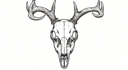 Detailed monochrome drawing featuring a deer skull with prominent antlers