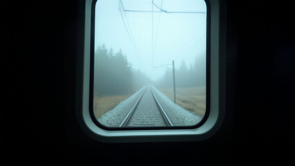 Mockup concept. Foggy train window with soft light. Minimalism and travel note concept