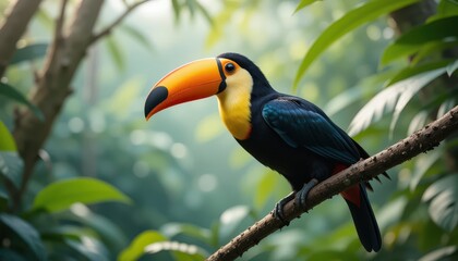 Fototapeta premium Vibrant Toucan Perched on a Branch Surrounded by Lush Tropical Foliage in Soft Morning Light
