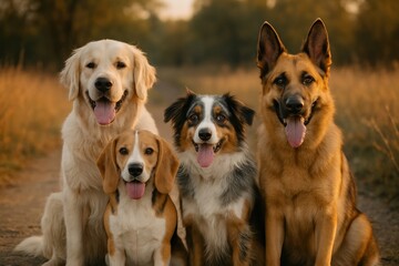 Happy dogs posing together outdoors.