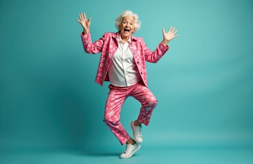 Funny old lady dances with joy on blue background. Attractive elder woman wears pink floral suit. Senior female celebrates life with funny dance, enjoy active retirement, positive mood, funny