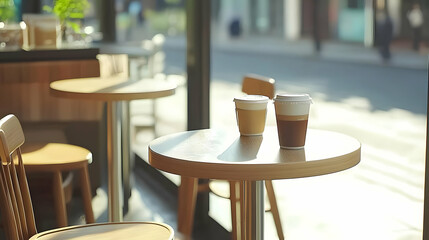 Two Coffee Drinks On Wooden Table In Cafe With Sunlight