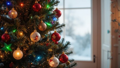 Festive Christmas Tree Decorated with Colorful Ornaments and Lights in Cozy Indoor Setting