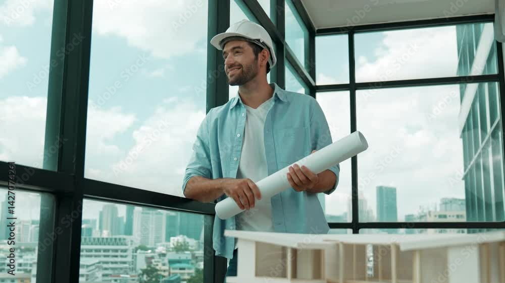Poster professional architect engineer walking while looking at skyscraper view. skilled project manager ho