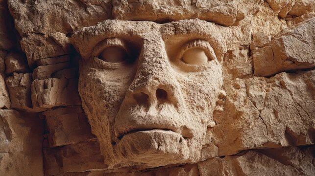 Camel face sculpture crafted from desert stones captures serene expression and elegance