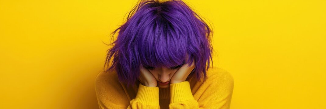 Young Woman with vibrant purple hair on yellow background. Epilepsy awareness, Purple Day concept
