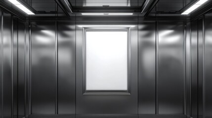 Modern stainless steel elevator interior with blank advertisement space.