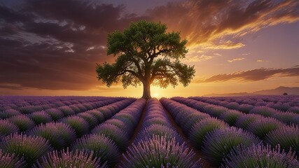 Stunning lavender field landscape Summer sunset with single tree