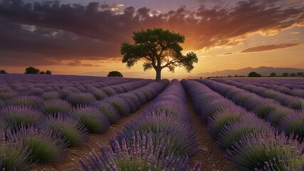 Stunning lavender field landscape Summer sunset with single tree