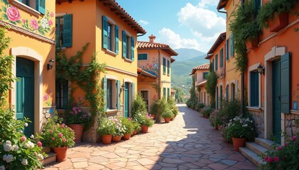 Fototapeta premium Picturesque street view in charming town. Colorful houses with flowers, shutters, and a stone paved road. Inviting alley under the blue sky. Perfect for travel, tourism, and European vacation.