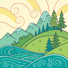 Fototapeta premium Whimsical Mountain Landscape Illustration: Teal Ocean, Green Hills.