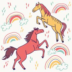 Joyful Horses Leaping Rainbows - Colorful Kids Illustration.
