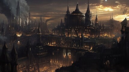 A grand gothic city landscape illuminated by vibrant ambient light