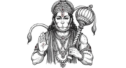 Detailed Illustration of Hanuman with Gada in Black and White Line Art