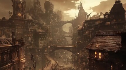 A detailed cityscape spanning across various bridges and structures