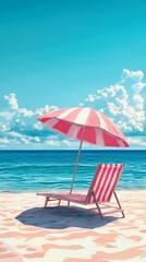 A vibrant coastal scene captures a pink chaise lounge and umbrella on the beach, epitomizing relaxation and joy in a sun-kissed environment filled with calm waves and blue skies.