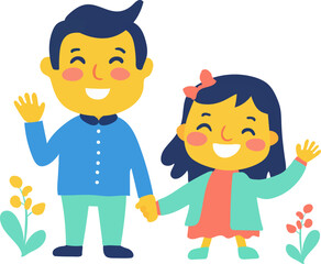 isolated vector illustration of father and daughter holding hands and waving, cute cartoon family scene with flowers, celebrating father's day, daughter's day, family day