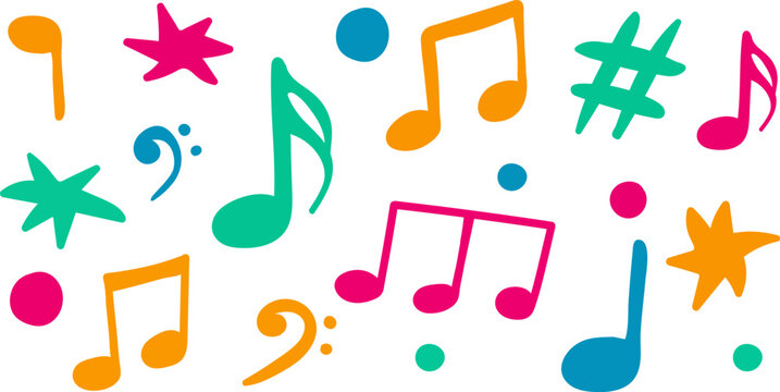 colorful hand-drawn music notes and symbols isolated on white background, modern vector musical elements for creative design, education, posters and print