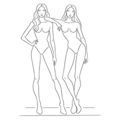 A professional fashion croquis template featuring two female models posing. This clean and minimalistic line art sketch is perfect for fashion designers, illustrators to create stylish outfit designs