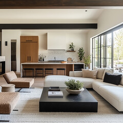 
An open-plan, modern living room designed to convey warmth and comfort. Bright natural daylight flows in on a fresh spring day, illuminating oak wood details, matte black accents