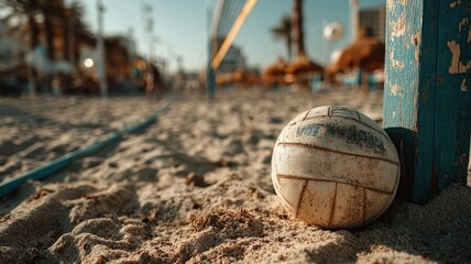 Worn beach volleyball rests on warm sand after an intense match on the golden court
