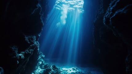 Light Rays Penetrate Into A Dark Underwater Cave System