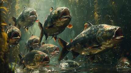 Shoal of piranhas swimming in an Amazonian river their razor sharp teeth glinting beneath the rippling water