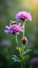 Fototapeta premium Close-up of a bee collecting nectar from pink flowers in a field.