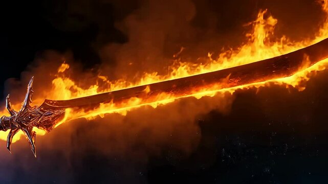 A burning magic weapon sword with flames erupting from the blade. A video game asset.
