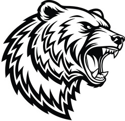  Fierce grizzly bear head mascot logo, snarling expression, sharp teeth, aggressive pose, detailed fur texture, black and white illustration, vector art style